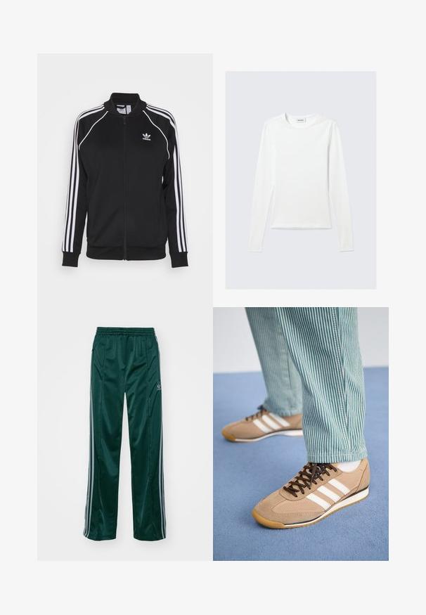 Chaqueta de chándal negra con cremallera, hecha de una tela suave y con acentos de tres rayas blancas en las mangas y un logo bordado en el pecho.; Camiseta blanca lisa de manga larga con cuello redondo y corte ajustado, mostrada sobre un fondo gris claro.; Pantalones deportivos de color verde oscuro, hechos de un material brillante, con franjas laterales en gris claro y un logotipo bordado en la pierna izquierda.; Zapatillas de ante y malla color arena con cordones marrones y tres rayas blancas. Combinadas con pantalones a rayas verdes y blancas, descansando sobre una superficie azul.