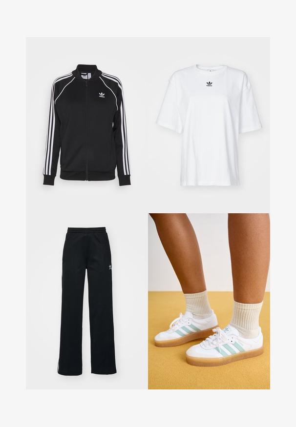 Veste de survêtement zippée noire en tissu lisse, avec des accents de trois rayures blanches sur les manches et un logo brodé sur la poitrine.; T-shirt blanc à manches courtes en coton. Avec un col rond et un petit logo Adidas noir sur la poitrine. Ourlet droit.; Pantalons de sport noirs avec une coupe décontractée, taille à cordon, poches zippées sur les côtés, et une discrète marque blanche sur la jambe gauche.; Baskets blanches avec des rayures vert menthe, semelle en caoutchouc et lacets, associées à des chaussettes crème à côtes. Sur fond jaune.