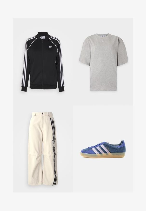Čierna športová bunda na zips vyrobená z hladkej tkaniny, s bielymi trojpruhovými akcentmi na rukávoch a vyšitým logom na hrudi.; Svetlosivé tričko Adidas s krátkym rukávom, okrúhlym výstrihom a malým bielym logom Adidas na hrudi, zobrazené na jednoduchom pozadí.; Bežové nohavice s širokými nohavicami vyrobené z bavlny, s čiernym trojpruhovým dizajnom po boku a nášivkou loga Adidas na stehne.; Nízke tenisky z modrej semišovej kože s bielymi plastickými pásikmi, priehľadnou gumovou podrážkou a zlatým logom "BAYRE" na boku.