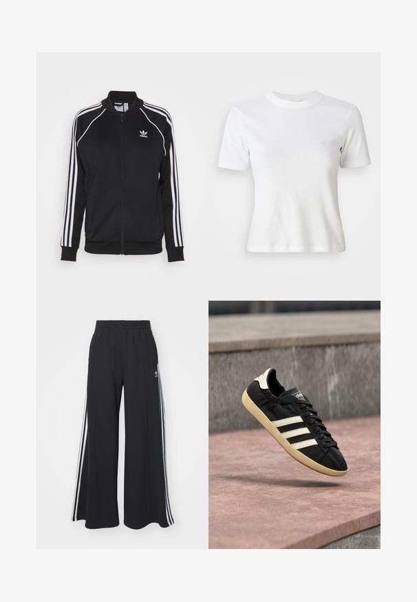 Sort zip-up træningsjakke lavet af glat stof med hvide tre-stribe detaljer på ærmerne og et broderet logo på brystet.; Hvid ribbet kortærmet T-shirt med rund halsudskæring og et lille logo på brystet. Lavet af blødt stof med en tætsiddende pasform.; Sorte bukser med vide ben og elastik i taljen, med tre hvide striber langs ydersiderne og et lille logo foran.; Sort Adidas sneaker med hvide striber og beige sål, fanget i luften over en stenet overflade og baggrund af en stenmur.