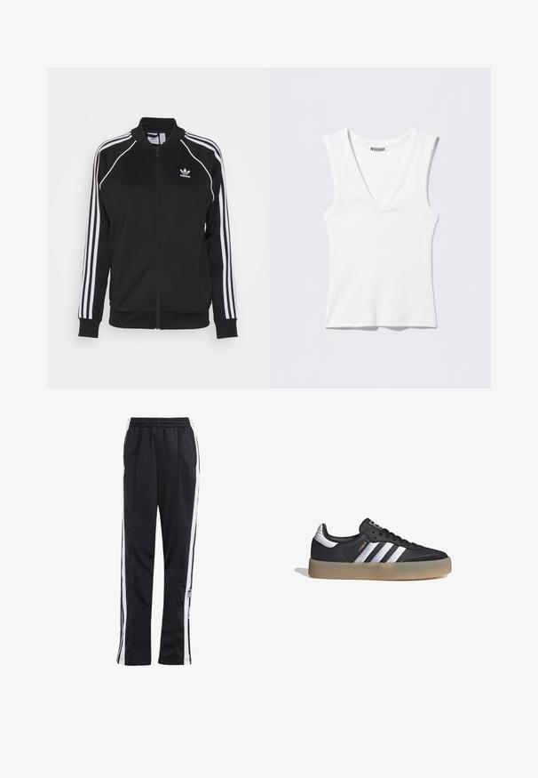 Chaqueta de chándal negra con cremallera, hecha de una tela suave y con acentos de tres rayas blancas en las mangas y un logo bordado en el pecho.; Camiseta sin mangas blanca con cuello en V y canalé, con etiqueta de la marca WEEKDAY en el interior del cuello, extendida sobre un fondo claro.; Pantalones deportivos negros con rayas laterales blancas, cintura elástica y parche con logo. Fabricados con una tela suave y ligera. Diseño de pierna recta.; Zapatilla deportiva de cuero negro con tres rayas plateadas, punta texturizada y suela de goma. Cuenta con un collar acolchado y un diseño con cordones.