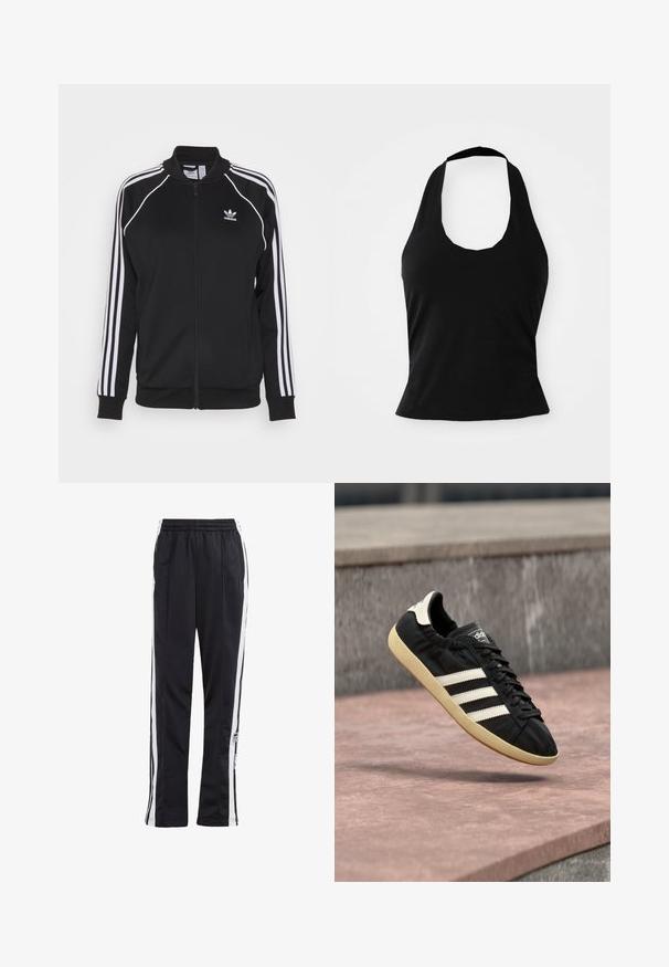 Sort zip-up træningsjakke lavet af glat stof med hvide tre-stribe detaljer på ærmerne og et broderet logo på brystet.; Sort halterneck top lavet af blød stof, med en scoop halsudskæring og en tætsiddende silhuet, med en glat tekstur og uden synlige mønstre.; Sorte træningsbukser med hvide sidelister, elastisk talje og et logo-patch. Fremstillet af glat, letvægtsstof. Lige ben design.; Sort Adidas sneaker med hvide striber og beige sål, fanget i luften over en stenet overflade og baggrund af en stenmur.