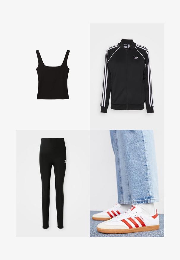 Veste de survêtement zippée noire en tissu lisse, avec des accents de trois rayures blanches sur les manches et un logo brodé sur la poitrine.; Top noir sans manches avec un décolleté carré, fabriqué en coton lisse, doté de bretelles épaisses et d'une silhouette ajustée.; Leggings noirs en matériau extensible avec une taille haute, présentant un petit logo Adidas blanc sur la jambe gauche. Texture lisse.; Baskets en cuir blanc avec des rayures et des accents rouges. Dotées d'une semelle extérieure en gomme texturée et d'un col rembourré. Portées avec un jean en denim bleu clair.