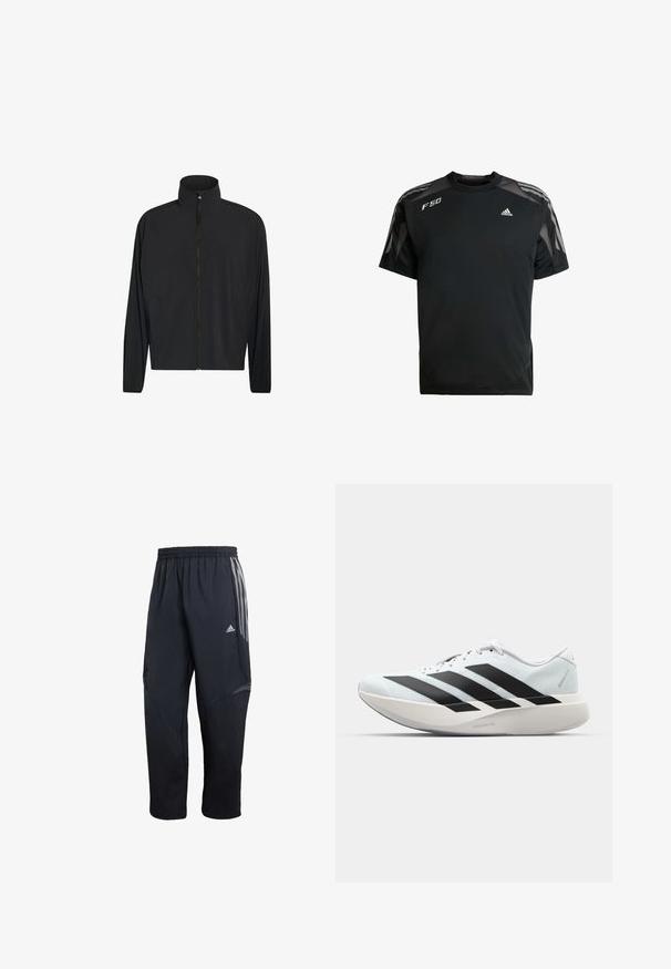 Veste noire zippée avec col montant et manches longues, dotée de poches avant et d’un design épuré et minimaliste.; T-shirt de sport noir en tissu léger, avec des panneaux en maille sur les épaules, des manches courtes et des logos blancs adidas et F50.; Pantalon de sport noir avec taille élastique, présentant des rayures latérales grises, un panneau texturé et un design de jambe fuselée.; Chaussure de course blanche avec trois larges bandes noires sur le côté et une semelle épaisse et incurvée portant la mention Lightstrike Pro.