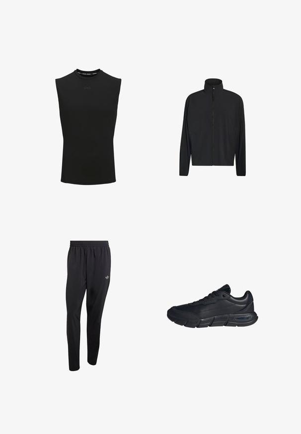 Schwarze Jacke mit Reißverschluss, Stehkragen und langen Ärmeln, mit Fronttaschen und einem glatten, minimalistischen Design.; Schwarzes ärmelloses Sportoberteil mit hohem Kragen und kleinem "CNZ"-Logo auf der Vorderseite.; Schwarze Sporthose aus leichtem Material mit elastischem Bund und einem kleinen eingeprägten Logo im oberen linken Beinbereich.; Schwarzer Sneaker mit niedrigem Schaft, gepolstertem Kragen, profilierter Sohle, Schnürung vorne und „Cloudfoam“-Markierung auf der Zwischensohle, Seitenansicht.