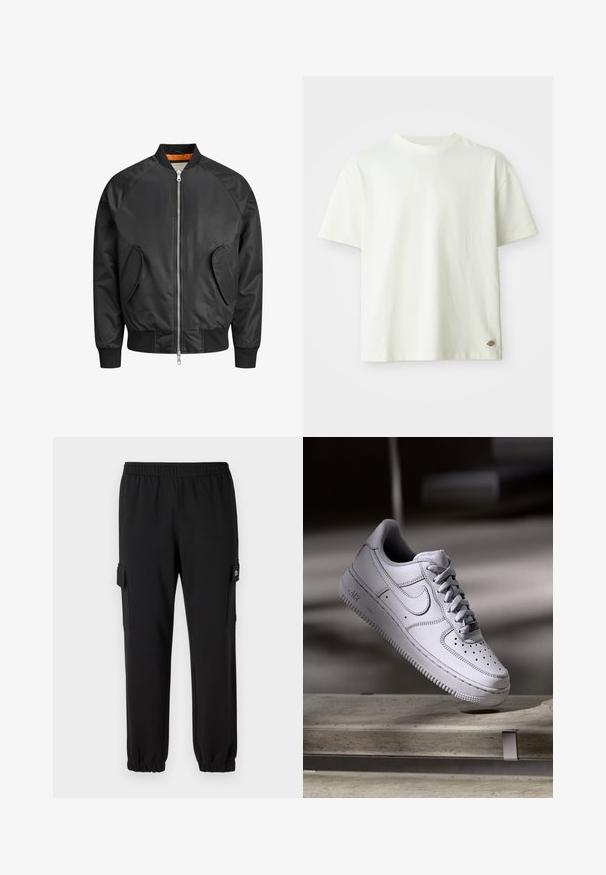 Schwarze Bomberjacke mit Raglanärmeln, zwei Vorderaschen, gerippten Bündchen und einem silbernen Reißverschluss. Gefüttert mit leuchtend orangefarbener Stoff.; Weißes Baumwoll-T-Shirt mit Rundhalsausschnitt, kurzen Ärmeln und lässiger Passform. Verfügt über ein kleines Logotag an der unteren Seite. Glatte Textur.; Schwarze Sweatpants mit einem elastischen Bund, schmal zulaufenden Bündchen und seitlichen Cargo-Taschen. Hergestellt aus weichem Material mit einer glatten Textur.; Weißer Nike Air Force 1 Sneaker aus Leder mit perforierter Zehenpartie, flachen Schnürsenkeln und strukturierter Gummisohle mit "AIR"-Branding an der Seite.