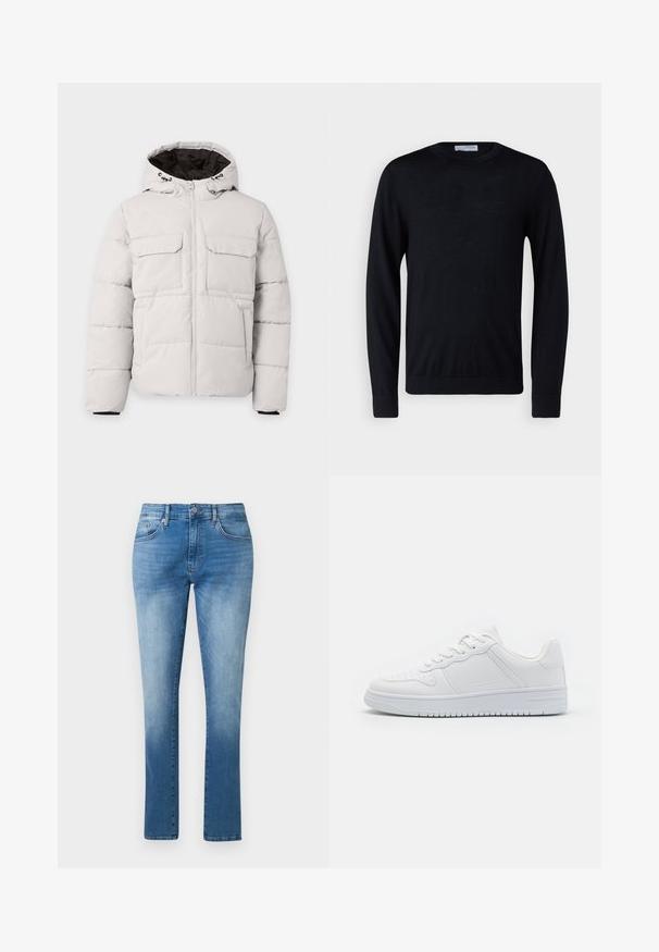 Veste d'hiver matelassée gris clair avec fermeture éclair à l'avant, deux poches poitrine à rabat, poches latérales et capuche avec doublure intérieure noire.; Pull noir à manches longues, col rond, avec poignets et ourlet côtelés, présenté sur fond blanc.; Jean bleu droit avec taille mi-haute, fermeture par bouton et zip, design classique à cinq poches.; Baskets blanches en matière synthétique lisse, avec des lacets plats, une pointe perforée et une semelle en caoutchouc dotée d'un motif de grip texturé.