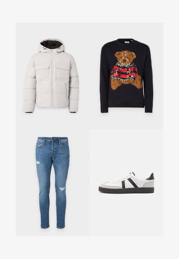 Lysegrå polstret vinterjakke med frontlynlås, to brystlommer med klap, sidelommer og hætte med sort inderfor.; Sorte strikket sweater med et teddy bear design i brunt, der bærer en rød og sort stribet sweater med hvide accenter og en rund halsudskæring.; Fadede blå denim jeans med slim fit, der har slidte områder ved knæene, en knaplukning og fem-lomme design.; Hvide sneakers med sorte og grå detaljer, med en tekstureret grå tåhætte, sort gummisål og flade hvide snørebånd. Rent design, minimalistisk stil.