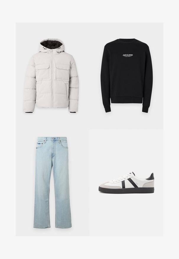 Hellgraue, gesteppte Winterjacke mit Frontreißverschluss, zwei Brustklappentaschen, Seitentaschen und Kapuze mit schwarzem Innenfutter.; Schwarzer Sweatshirt aus Baumwolle, mit Rundhalsausschnitt, gerippten Bündchen und weißem Logo-Text auf der Brust. Weicher Stoff, normale Passform.; Hellblaue Denim-Jeans mit einem lockeren, weit geschnittenen Design. Verfügt über fünf Taschen, Gürtelschlaufen und einen Reißverschluss mit Knopfverschluss.; Weiße Sneaker mit schwarz- und grau-aczenten, ausgestattet mit einer strukturierten grauen Zehenkappe, schwarzer Gummi-Sohle und flachen weißen Schnürsenkeln. Sauberes Design, minimalistische Stil.