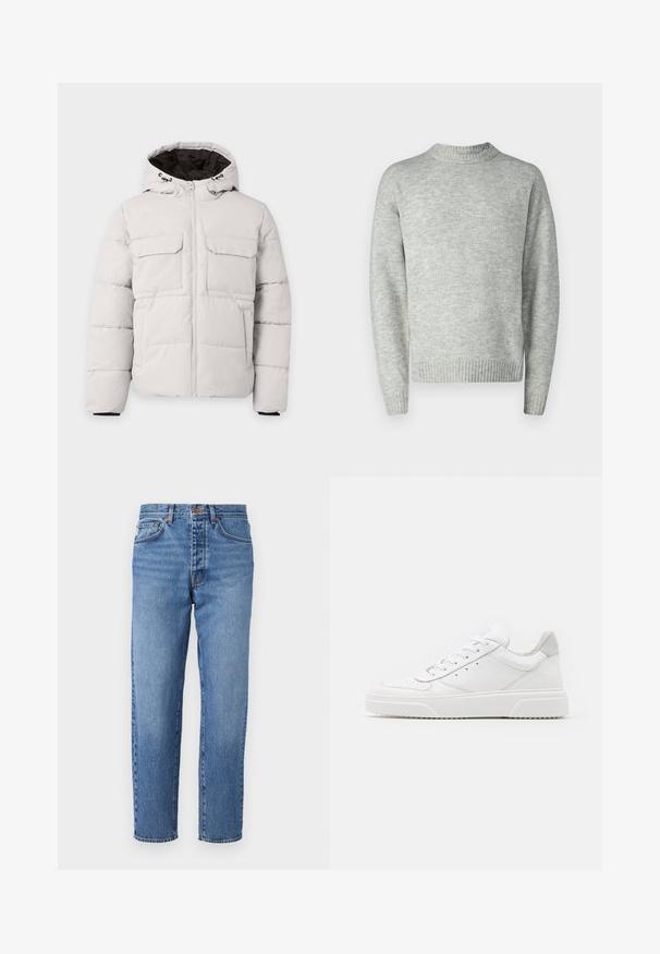 Veste d'hiver matelassée gris clair avec fermeture éclair à l'avant, deux poches poitrine à rabat, poches latérales et capuche avec doublure intérieure noire.; Pull en laine gris clair, texture tricotée, col rond, manches longues, bords côtelés et poignets, coupe décontractée, design minimaliste.; Jean en denim bleu clair avec une coupe droite, cinq poches et un zip à bouton. Texture délavée avec un léger effet de frottement à l'avant.; Des baskets en cuir blanc avec une finition lisse, un bout rond, des lacets plats et une semelle texturée. Accents en daim gris au niveau du talon.