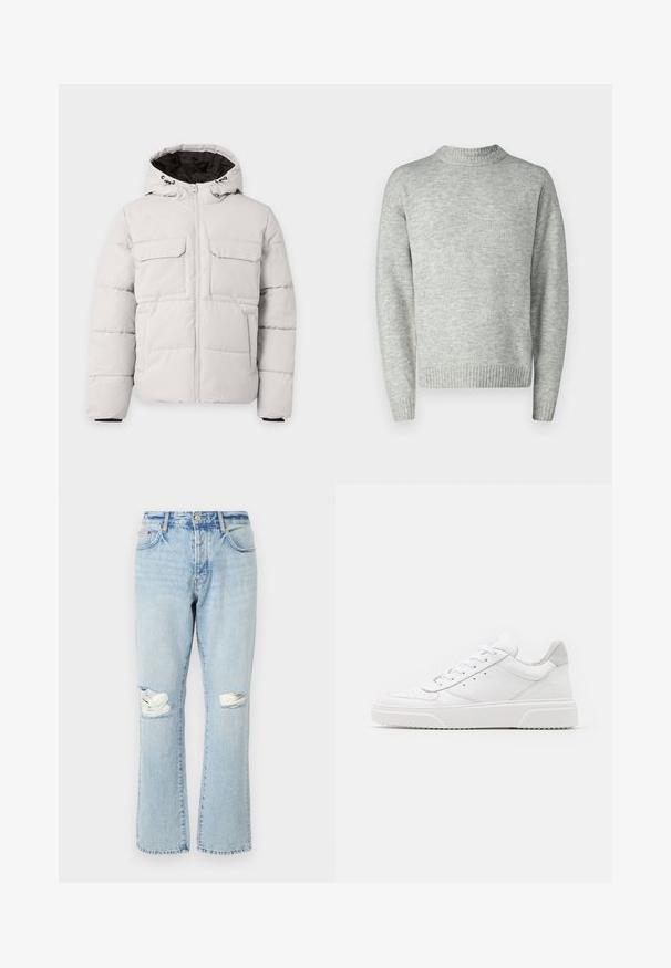 Lysegrå polstret vinterjakke med frontlynlås, to brystlommer med klap, sidelommer og hætte med sort inderfor.; Lys grå pullover sweater, strikket tekstur, rund hals, lange ærmer, ribbede kanter og manchetter, afslappet pasform, minimalistisk design.; Lyseblå slidte jeans med huller ved knæene, lige ben, fem lommer og denimstof med en falmet tekstur.; Hvide lædersneakers med en glat finish, rund tå, flade snørebånd og en struktureret sål. Grå ruskindsdetalje ved hælen.
