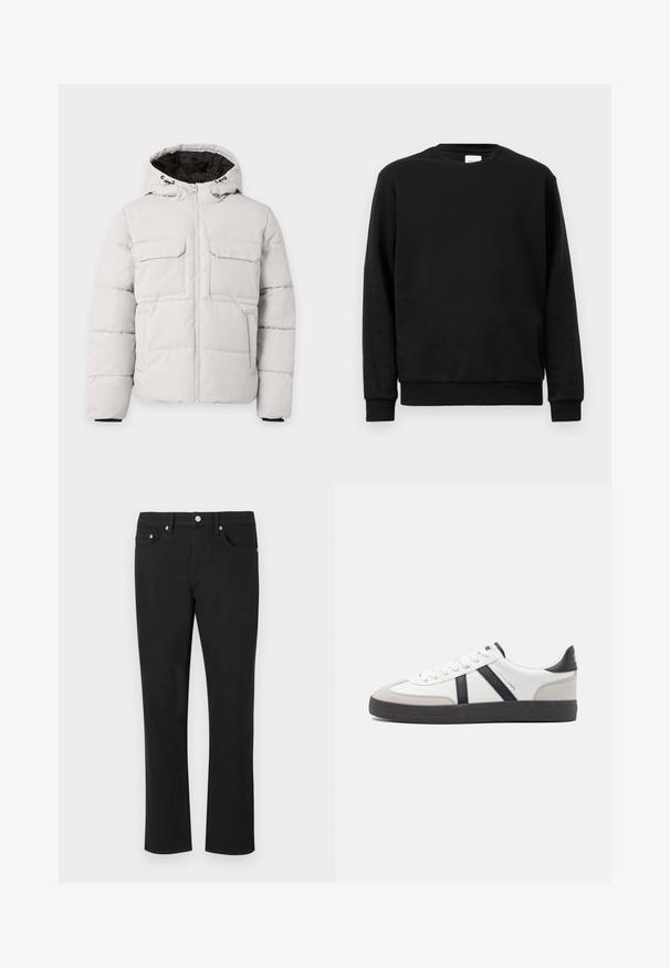 Veste d'hiver matelassée gris clair avec fermeture éclair à l'avant, deux poches poitrine à rabat, poches latérales et capuche avec doublure intérieure noire.; Sweatshirt noir en tissu mélangé de coton ; il présente un col ras du cou, des manches longues et des poignets et ourlet côtelés pour un ajustement serré.; Jean en denim noir avec une coupe droite, comportant cinq poches et des accessoires en métal argenté, avec une texture lisse. Sans motifs ni accents.; Baskets blanches avec des accents noirs et gris, présentant un embout texturé gris, une semelle en caoutchouc noir et des lacets plats blancs. Design épuré, style minimaliste.