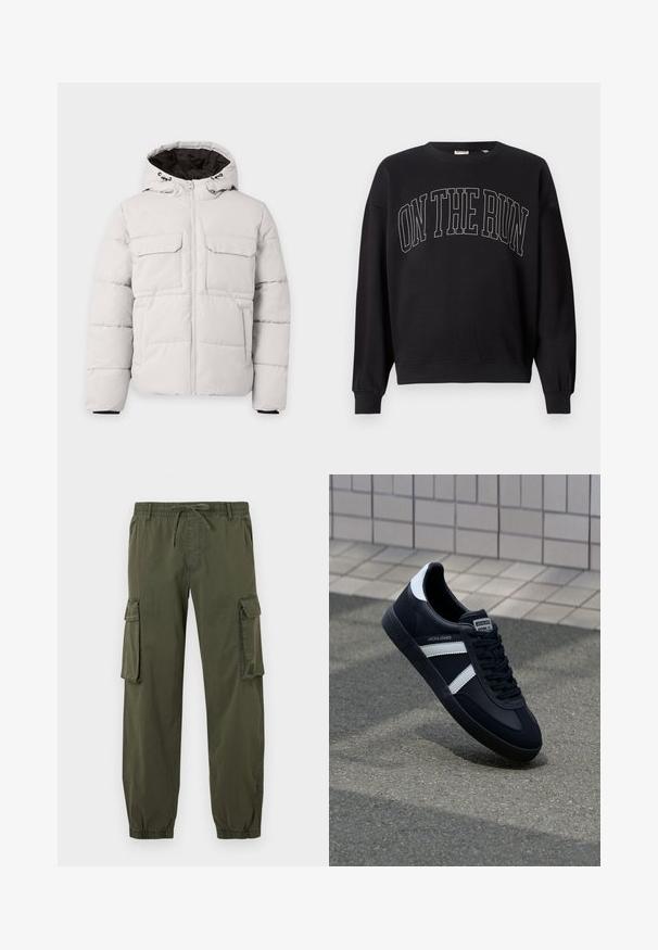 Lysegrå polstret vinterjakke med frontlynlås, to brystlommer med klap, sidelommer og hætte med sort inderfor.; Sort crewneck sweatshirt med teksten "ON THE RUN" i store, omridsede versaler centreret foran.; Olivengrøn cargo bukser lavet af letvægtsstof. Elastisk talje med snor, to sidelommer og to cargolommer på lårene.; Sort lædersneaker med hvide striber, tekstureret gummisål og snørrebånd foran. Har et brandet mærke på tungen.