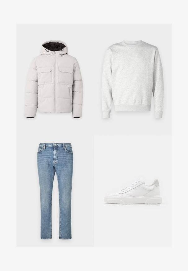 Chaqueta de invierno acolchada color gris claro con cremallera frontal, dos bolsillos con solapa en el pecho, bolsillos laterales y capucha con forro interior negro.; Sudadera gris hecha de una tela suave. Presenta un cuello redondo, mangas largas, puños acanalados y un dobladillo acanalado. Diseño simple y sin adornos.; Jeans de denim azul claro con un diseño de pierna recta, que cuentan con cinco bolsillos y cierre de botón frontal. Una textura desgastada añade interés visual.; Zapatillas de cuero blanca con un acabado suave, punta redondeada, cordones planos y una suela texturada. Acento de ante gris en el talón.