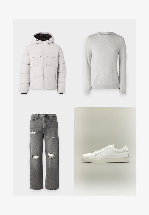 Chaqueta de invierno acolchada color gris claro con cremallera frontal, dos bolsillos con solapa en el pecho, bolsillos laterales y capucha con forro interior negro.; Suéter de punto gris claro con un escote redondo, mangas largas, patrón texturizado y puños y dobladillo acanalados. Tejido suave y transpirable.; Jeans de denim gris con un ajuste holgado, presentando desgastes en las rodillas, un diseño clásico de cinco bolsillos y un cierre con cremallera.; Zapatilla blanca de perfil bajo con cordones en la parte delantera y suela gruesa, mostrada de lado sobre un fondo neutro.