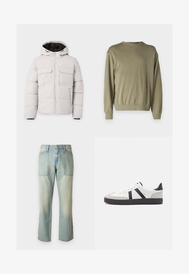 Lichtgrijze gewatteerde winterjas met rits aan de voorkant, twee borstzakken met klep, zijzakken en capuchon met zwarte voering.; Olijfgroene sweatshirt met lange mouwen, gemaakt van een zachte katoenmix. Bevat een ronde halslijn en geribbelde manchetten met een ontspannen pasvorm.; Lichtblauwe denim jeans met een rechte pijp, zichtbare stiksels en twee grote voorkruiden. De stof heeft een vervaagd uiterlijk.; Witte sneaker met zwarte en grijze accenten, voorzien van een grijze neus met textuur, zwarte rubberen zool en platte witte veters. Schoon ontwerp, minimalistische stijl.