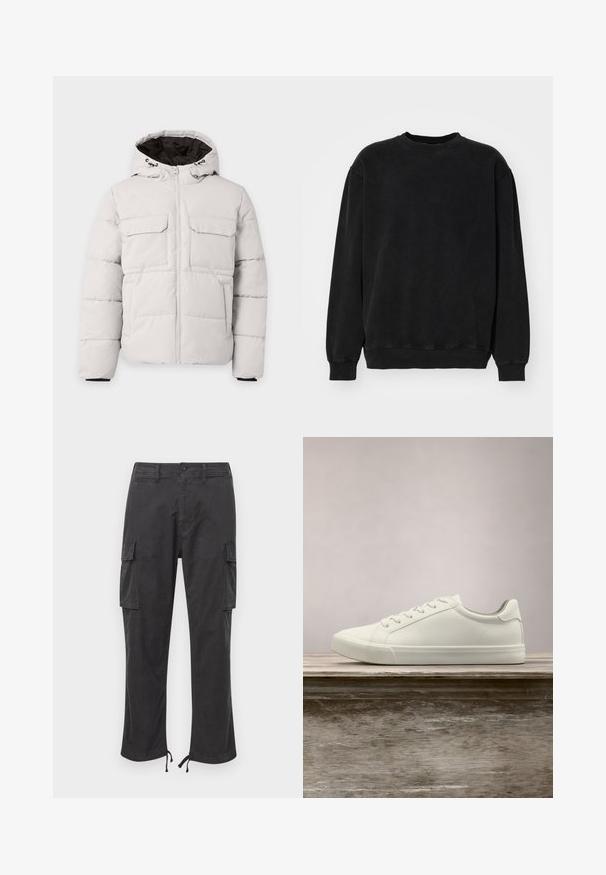 Chaqueta de invierno acolchada color gris claro con cremallera frontal, dos bolsillos con solapa en el pecho, bolsillos laterales y capucha con forro interior negro.; Sudadera negra hecha de tejido suave, con cuello redondo, mangas caídas y puños y dobladillo acanalados. Textura lisa sin patrones.; Pantalones de cargo negros con dos bolsillos laterales, puños ajustables con cordón, cierre de botón y una textura de tela suave y duradera.; Zapatilla blanca con cordones flotando sobre un banco de madera con follaje verde al fondo, mostrando el diseño y la textura del zapato.