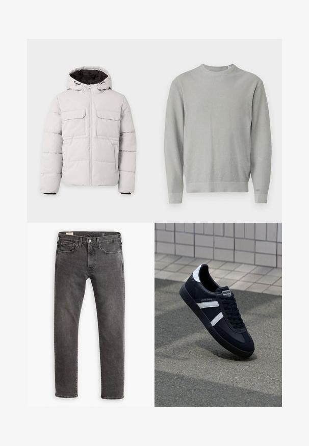Hellgraue, gesteppte Winterjacke mit Frontreißverschluss, zwei Brustklappentaschen, Seitentaschen und Kapuze mit schwarzem Innenfutter.; Hellgrauer Pullover mit Rundhalsausschnitt und langen Ärmeln, strukturiertem Strickmuster sowie gerippten Bündchen und Saum.; Graue Jeans aus Denim mit geradem Schnitt, fünf Taschen-Design und Knopfleiste. Besitzt dezente Ausbleichungen und tonal abgestimmte Nähte.; Schwarze Leder-Sneaker mit weißen Streifen, strukturiertem Gummisohle und Schnürung. Verfügt über ein Markenetikett auf der Zunge.