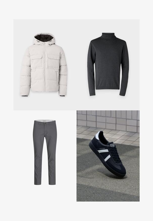 Veste d'hiver matelassée gris clair avec fermeture éclair à l'avant, deux poches poitrine à rabat, poches latérales et capuche avec doublure intérieure noire.; Pull à col roulé gris foncé en matériau doux, doté de manches longues et de bords côtelés aux poignets et à l'ourlet, avec une texture lisse et uniforme.; Pantalon en coton gris à coupe droite, doté d'une fermeture à bouton à l'avant et de passants de ceinture. Texture lisse sans motifs ni accents visibles.; Sneaker en cuir noir avec des rayures blanches, semelle en caoutchouc texturée et devant à lacets. Présente une étiquette de marque sur la languette.