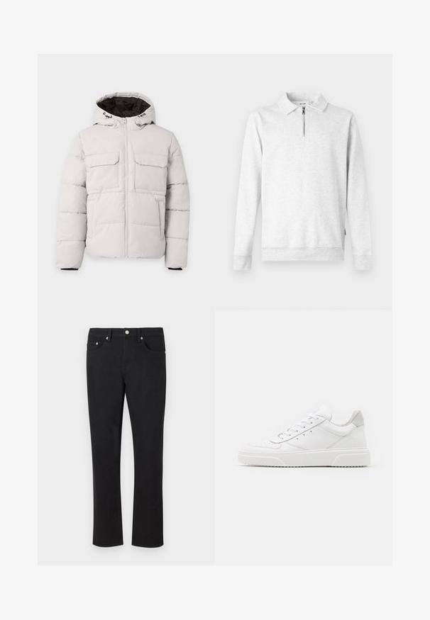 Lysegrå polstret vinterjakke med frontlynlås, to brystlommer med klap, sidelommer og hætte med sort inderfor.; Lys grå sweatshirt med lynlås i kraven, lange ærmer, ribbede manchetter og kant. Fremstillet af blød, tekstureret stof. Ingen mønstre eller accenter.; Sorte denimjeans med lige ben, der har fem lommer og sølvhardware med en glat tekstur. Ingen mønstre eller accenter.; Hvide lædersneakers med en glat finish, rund tå, flade snørebånd og en struktureret sål. Grå ruskindsdetalje ved hælen.