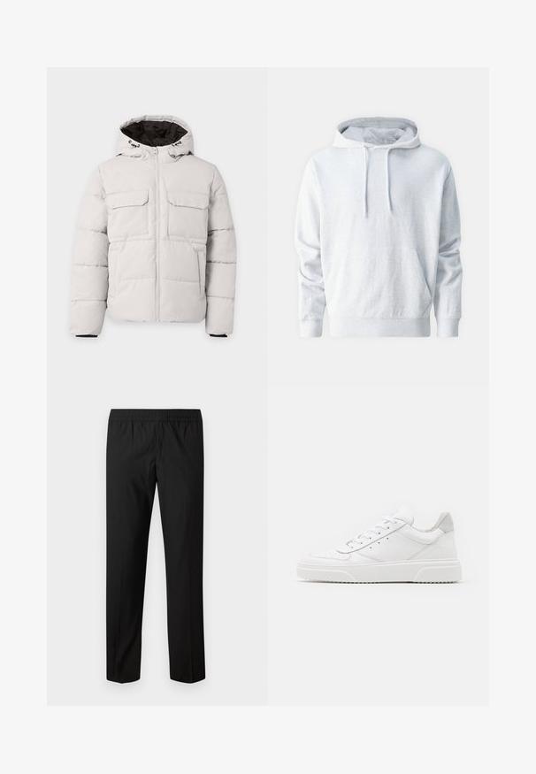Lysegrå polstret vinterjakke med frontlynlås, to brystlommer med klap, sidelommer og hætte med sort inderfor.; Grå pullover hoodie lavet af blødt stof, med en kengurulomme, snoretræk i hætten og ribbede manchetter ved ærmerne og livet.; Sorte bukser med lige ben og elastisk taljebånd, ingen synlige lommer eller pynt.; Hvide lædersneakers med en glat finish, rund tå, flade snørebånd og en struktureret sål. Grå ruskindsdetalje ved hælen.