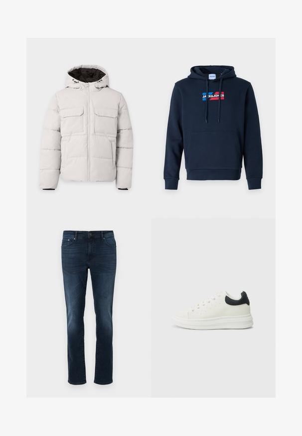 Hellgraue, gesteppte Winterjacke mit Frontreißverschluss, zwei Brustklappentaschen, Seitentaschen und Kapuze mit schwarzem Innenfutter.; Navyblauer Hoodie mit einer vorderen Kängurutasche, Kapuze mit Kordelzug und einem Logo in Rot und Blau, das eine weiche, glatte Textur und gerippte Bündchen aufweist.; Dunkelblaue Jeans aus Denim mit geradem Schnitt, mittlerer Leibhöhe, fünf Taschen und Stichdetails. Glatte Textur mit leicht ausgebleichten Akzenten.; Weißer Ledersneaker mit schwarzem Fersenakzent, rundem Zehenbereich, flacher weißer Sohle und Schnürverschluss. Minimale Perforationen an den Seiten.