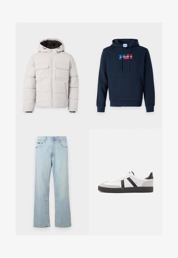Hellgraue, gesteppte Winterjacke mit Frontreißverschluss, zwei Brustklappentaschen, Seitentaschen und Kapuze mit schwarzem Innenfutter.; Navyblauer Hoodie mit einer vorderen Kängurutasche, Kapuze mit Kordelzug und einem Logo in Rot und Blau, das eine weiche, glatte Textur und gerippte Bündchen aufweist.; Hellblaue Denim-Jeans mit einem lockeren, weit geschnittenen Design. Verfügt über fünf Taschen, Gürtelschlaufen und einen Reißverschluss mit Knopfverschluss.; Weiße Sneaker mit schwarz- und grau-aczenten, ausgestattet mit einer strukturierten grauen Zehenkappe, schwarzer Gummi-Sohle und flachen weißen Schnürsenkeln. Sauberes Design, minimalistische Stil.