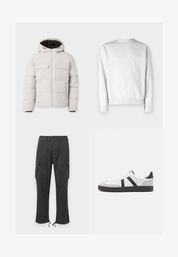 Helehall talvejope esikinnise tõmblukuga, kahe rinnaflapiga tasku, küljetaskute ja kapuutsiga, millel on must vooder.; Heled hall crewneck sviiter, mis on valmistatud pehmest fliismaterjalist. Sviitril on soonikkoes varrukate ja hem, samuti sujuv tekstuur.; Musthave cargo püksid kahte küljetaskut, reguleeritavad nöörsued, nupuga sulgemine ja sile, vastupidav kangas.; Valged tossud mustade ja hallide aktsentidega, tekstureeritud halli varbakattega, musta kummitald ja lamedad valged paelad. Puhtad jooned, minimalistlik stiil.