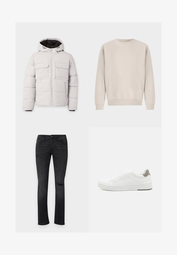 Lichtgrijze gewatteerde winterjas met rits aan de voorkant, twee borstzakken met klep, zijzakken en capuchon met zwarte voering.; Beige crewneck sweatshirt gemaakt van zachte katoen, met een ontspannen pasvorm, ribgebreide boorden en zoom, zonder zichtbare patronen of hardware.; Zwarte denim jeans met een slim fit, met zichtbare verfrepatronen op de knieën, vijf zakken en een standaard knoop- en ritssluiting.; Witte sneaker van glad leer met een ronde neus, minimalistisch ontwerp, grijze hielaccent en een geplaatste rubberen zool.