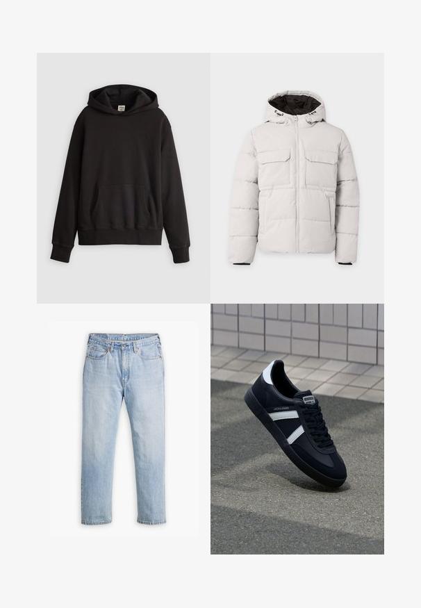 Lichtgrijze gewatteerde winterjas met rits aan de voorkant, twee borstzakken met klep, zijzakken en capuchon met zwarte voering.; Zwarte Levi's hoodie met een voorste kangoeroezak en een subtiel geborduurd logo op de borst, weergegeven tegen een effen lichte achtergrond.; Lichtblauwe denim jeans met een recht model, vijf zakken en contrasterende stiksels. Knopen- en ritssluiting bij de taille.; Zwarte leren sneaker met witte strepen, een gestructureerde rubberen zool en vetersluiting aan de voorkant. Voorzien van een merklabel op de tong.