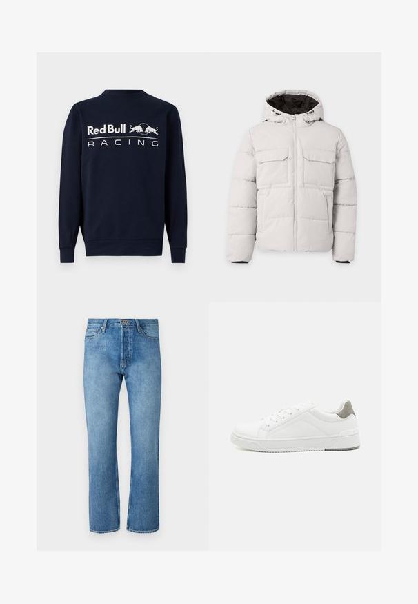 Lichtgrijze gewatteerde winterjas met rits aan de voorkant, twee borstzakken met klep, zijzakken en capuchon met zwarte voering.; Navy blauwe sweatshirt met lange mouwen van katoen, met een ronde hals en een groot wit "Red Bull Racing" logo op de voorkant, vergezeld van twee stier graphics.; Lichtblauwe denimjeans met een recht model, voorzien van een klassieke vijf-pocketontwerp, een knoopsluiting en contrasterende stiksels.; Witte sneaker van glad leer met een ronde neus, minimalistisch ontwerp, grijze hielaccent en een geplaatste rubberen zool.