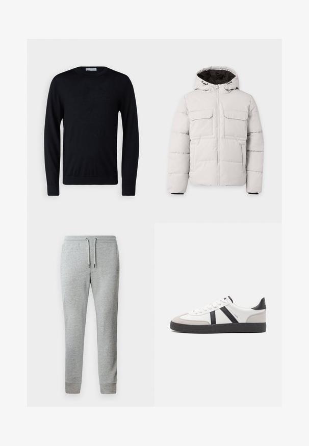 Hellgraue, gesteppte Winterjacke mit Frontreißverschluss, zwei Brustklappentaschen, Seitentaschen und Kapuze mit schwarzem Innenfutter.; Schwarzer Pullover mit langen Ärmeln und Rundhalsausschnitt, mit gerippten Bündchen und Saum, vor weißem Hintergrund präsentiert.; Graue Jogginghose aus weichem Material, mit schmal zulaufendem Design, verstellbarem Kordelzugbund und gerippten Knöchelabschlüssen.; Weiße Sneaker mit schwarz- und grau-aczenten, ausgestattet mit einer strukturierten grauen Zehenkappe, schwarzer Gummi-Sohle und flachen weißen Schnürsenkeln. Sauberes Design, minimalistische Stil.