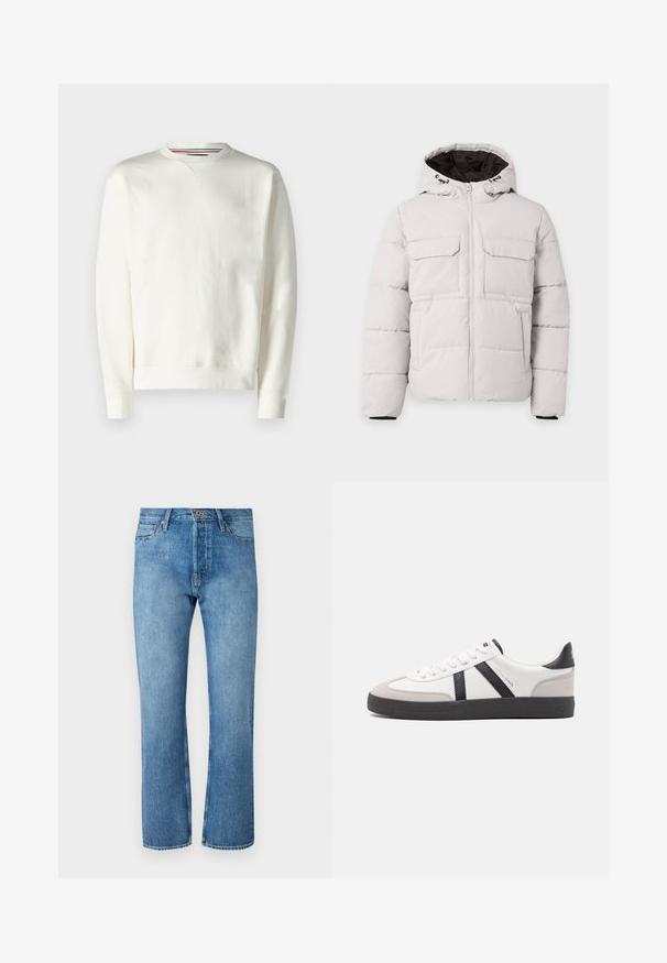 Lichtgrijze gewatteerde winterjas met rits aan de voorkant, twee borstzakken met klep, zijzakken en capuchon met zwarte voering.; Witte sweatshirt met een ronde hals, geribde manchetten en een subtiele logodetail. Zacht materiaal met een gladde textuur en een minimaal ontwerp.; Lichtblauwe denimjeans met een recht model, voorzien van een klassieke vijf-pocketontwerp, een knoopsluiting en contrasterende stiksels.; Witte sneaker met zwarte en grijze accenten, voorzien van een grijze neus met textuur, zwarte rubberen zool en platte witte veters. Schoon ontwerp, minimalistische stijl.