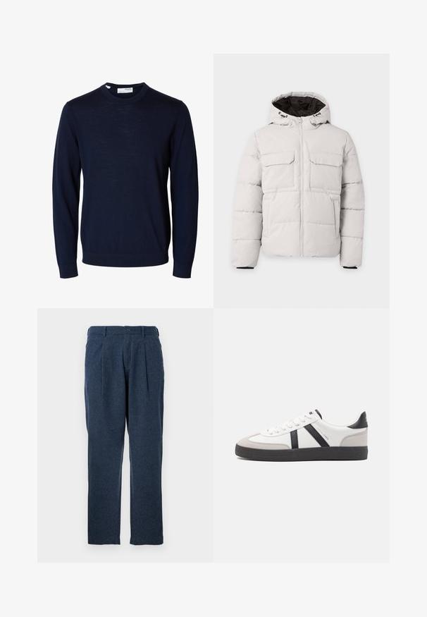 Hellgraue, gesteppte Winterjacke mit Frontreißverschluss, zwei Brustklappentaschen, Seitentaschen und Kapuze mit schwarzem Innenfutter.; Marineblauer Langarmpullover mit Rundhalsausschnitt, gerippten Bündchen und Saum, gefertigt aus feinem Strickstoff.; Dunkelblaue Hose aus strukturiertem Stoff, mit Falten, Knopfverschluss und geradem Schnitt.; Weiße Sneaker mit schwarz- und grau-aczenten, ausgestattet mit einer strukturierten grauen Zehenkappe, schwarzer Gummi-Sohle und flachen weißen Schnürsenkeln. Sauberes Design, minimalistische Stil.