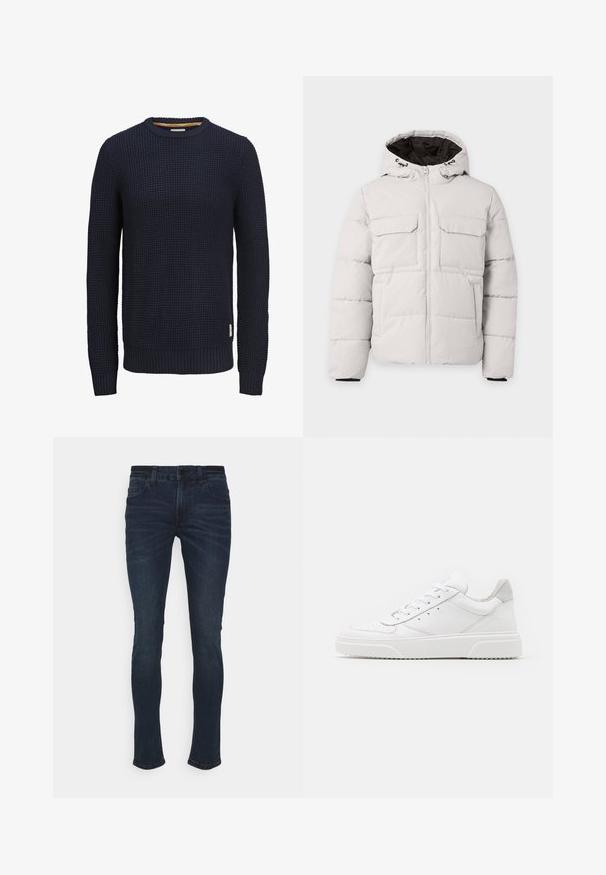 Chaqueta de invierno acolchada color gris claro con cremallera frontal, dos bolsillos con solapa en el pecho, bolsillos laterales y capucha con forro interior negro.; Jersey de punto azul marino de manga larga con cuello redondo, patrón texturizado tipo waffle y puños y dobladillo acanalados.; Vaqueros de mezclilla azul oscuro con corte slim. Incluyen un cierre de botón, cinco bolsillos y un ligero desvanecimiento en la parte delantera.; Zapatillas de cuero blanca con un acabado suave, punta redondeada, cordones planos y una suela texturada. Acento de ante gris en el talón.