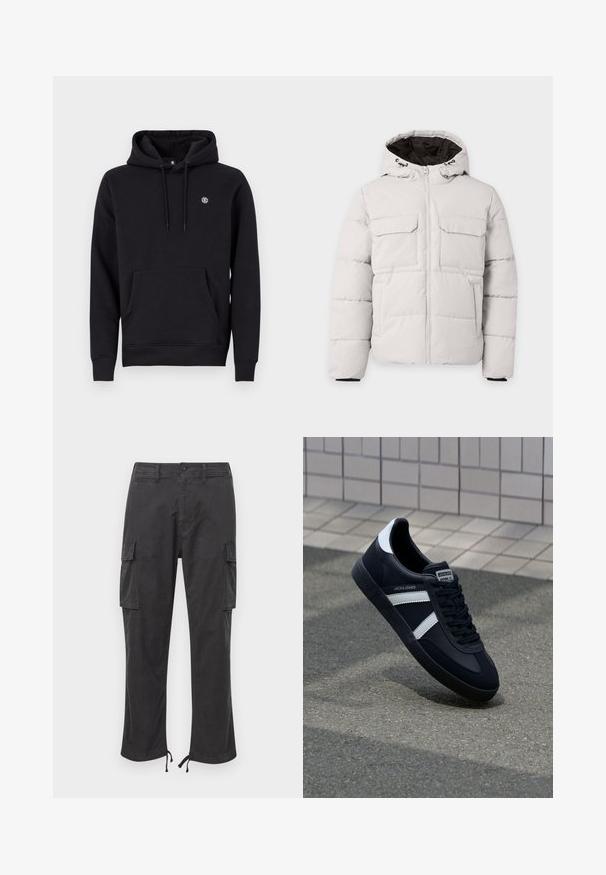 Lysegrå polstret vinterjakke med frontlynlås, to brystlommer med klap, sidelommer og hætte med sort inderfor.; Sort hætte sweatshirt lavet af en bomuldsblanding. Har en front kangaroo lomme, ribbede manchetter og et lille logo på brystet.; Sorte cargo-bukser med to sidelommer, justerbare snore i bukseenderne, knaplukning og en glat, holdbar stofstruktur.; Sort lædersneaker med hvide striber, tekstureret gummisål og snørrebånd foran. Har et brandet mærke på tungen.