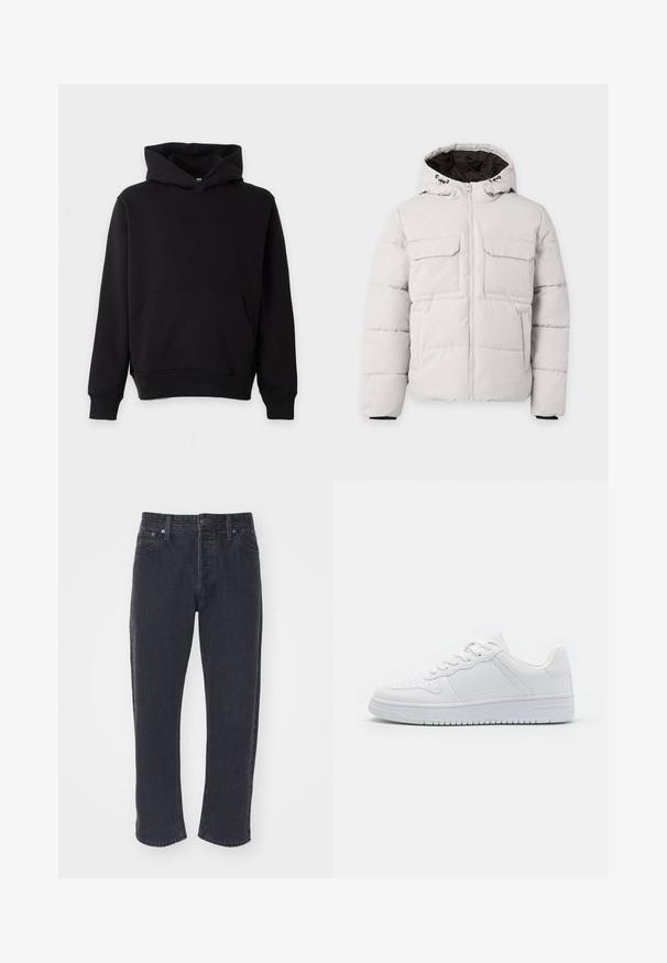 Hellgraue, gesteppte Winterjacke mit Frontreißverschluss, zwei Brustklappentaschen, Seitentaschen und Kapuze mit schwarzem Innenfutter.; Schwarzes Kapuzen-Sweatshirt mit Kängurutasche, langen Ärmeln und gerippten Bündchen sowie Saum, vor hellem Hintergrund präsentiert.; Dunkelgraue Jeans aus Denim mit geradem Schnitt, fünf Taschen und Metallelementen. Verfügt über Kontrastnähte und eine leicht ausgebleichte Textur.; Weiße Sneaker aus glattem Synthetikmaterial, ausgestattet mit flachen Schnürsenkeln, perforierter Zehenpartie und einer gummierten Sohle mit einem strukturierten Grip-Muster.