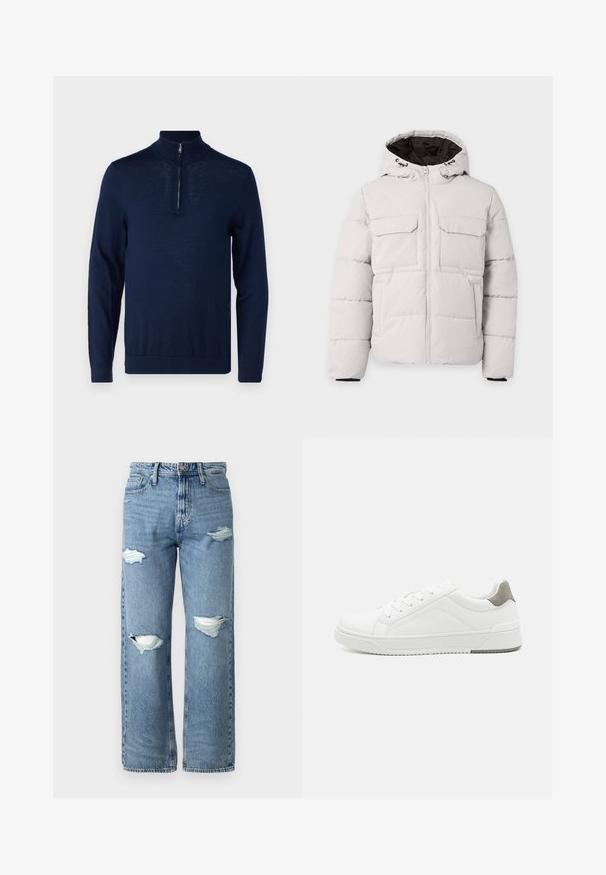 Chaqueta de invierno acolchada color gris claro con cremallera frontal, dos bolsillos con solapa en el pecho, bolsillos laterales y capucha con forro interior negro.; Suéter de color azul marino, de manga larga, con cuello de media cremallera. Textura suave, diseño ajustado, detalles de costura mínimos y sin logotipos visibles.; Jeans de mezclilla azul claros con una cintura alta, corte de pierna ancha, que presentan dos desgarros en las rodillas y un diseño clásico de cinco bolsillos.; Zapatilla blanca con material de cuero liso, punta redonda, diseño minimalista, acento gris en el talón y suela de goma texturizada.