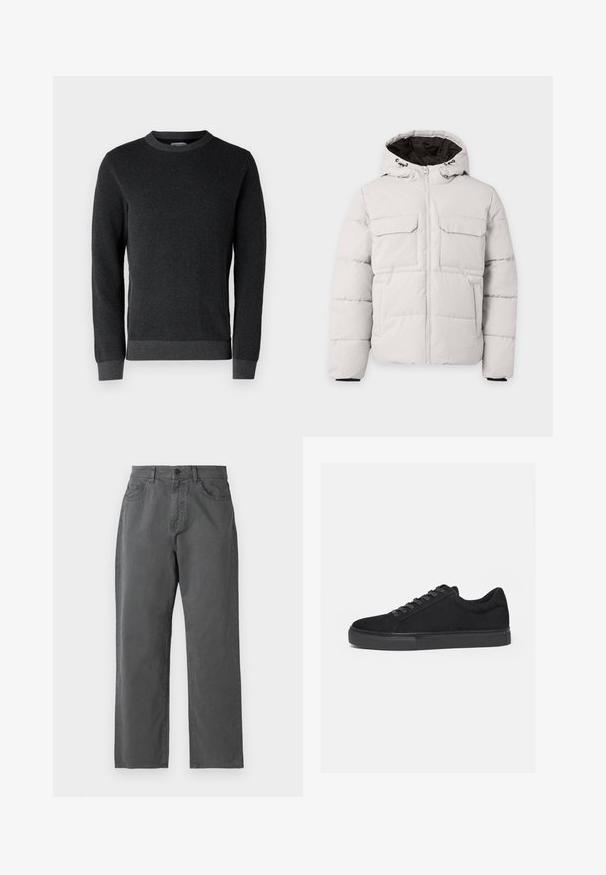 Veste d'hiver matelassée gris clair avec fermeture éclair à l'avant, deux poches poitrine à rabat, poches latérales et capuche avec doublure intérieure noire.; Un pull en tricot gris foncé avec une surface texturée, un col rond et des poignets et un ourlet côtelés. Il dispose de manches longues et d'une coupe classique.; Pantalon gris foncé à jambes droites avec poches avant, fermeture par bouton, passants pour ceinture et braguette zippée sur un fond uni.; Baskets basses noires avec fermeture à lacets à l'avant et semelle en caoutchouc plate, vues de profil sur fond blanc.