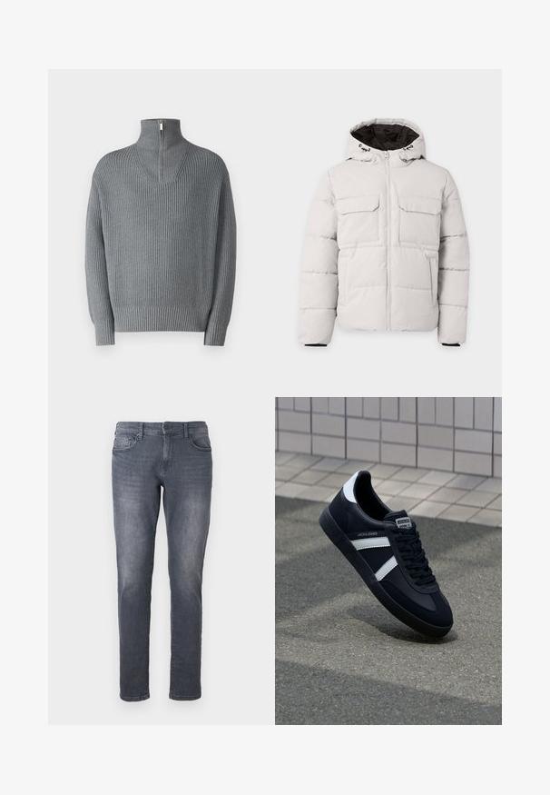 Hellgraue, gesteppte Winterjacke mit Frontreißverschluss, zwei Brustklappentaschen, Seitentaschen und Kapuze mit schwarzem Innenfutter.; Grauer gerippter Pullover mit hohem, Reißverschluss-Kragen und langen Ärmeln. Verfügt über ein strukturiertes Strickmuster, hat eine entspannte Passform und elastische Bündchen.; Graue Denim-Jeans im Slim-Fit, mit Reißverschluss, Gürtelschlaufen, Vordertaschen und einem ausgewaschenen Finish. Standardmäßig gerade Beinform.; Schwarze Leder-Sneaker mit weißen Streifen, strukturiertem Gummisohle und Schnürung. Verfügt über ein Markenetikett auf der Zunge.