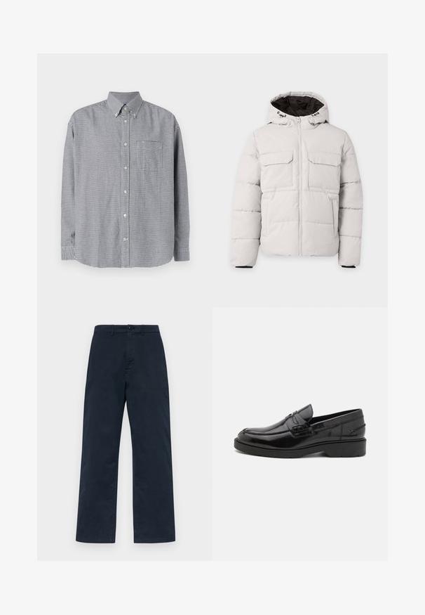 Veste d'hiver matelassée gris clair avec fermeture éclair à l'avant, deux poches poitrine à rabat, poches latérales et capuche avec doublure intérieure noire.; Chemise à manches longues à carreaux noir et blanc, avec un col, une poche poitrine simple et un ourlet arrondi. Tissu en coton, texture lisse.; Pantalons en coton bleu marine à jambe droite, avec une fermeture à bouton à l'avant et des passants de ceinture. Texture simple et unie, sans motifs.; Mocassins en cuir noir avec une finition lisse, un bout rond, un petit talon et descoutures décoratives à l'avant. Semelle en caoutchouc pour l'adhérence.
