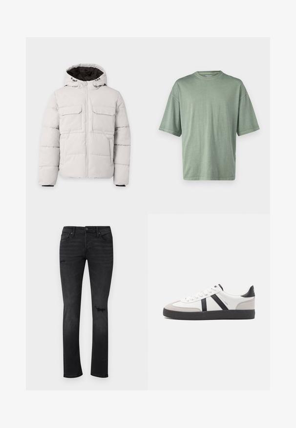 Hellgraue, gesteppte Winterjacke mit Frontreißverschluss, zwei Brustklappentaschen, Seitentaschen und Kapuze mit schwarzem Innenfutter.; Helles grünes Kurzarm-T-Shirt mit rundem Halsausschnitt und lockerer Passform; aus weichem Material mit glatter Textur gefertigt.; Schwarze Jeans aus Denim mit Slim-Fit, die sichtbare, abgewetzte Stellen an den Knien aufweisen, fünf Taschen besitzen und einen normalen Knopf- und Reißverschluss haben.; Weiße Sneaker mit schwarz- und grau-aczenten, ausgestattet mit einer strukturierten grauen Zehenkappe, schwarzer Gummi-Sohle und flachen weißen Schnürsenkeln. Sauberes Design, minimalistische Stil.