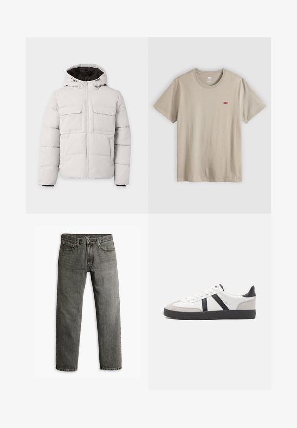 Lichtgrijze gewatteerde winterjas met rits aan de voorkant, twee borstzakken met klep, zijzakken en capuchon met zwarte voering.; Beige katoenen T-shirt met korte mouwen, ronde hals en klein rood Levi's-logo op de linkerborst. Glad textuur, casual ontwerp.; Grijze denim jeans met een recht model, klassieke vijf-pocket styling en subtiele stiksels op de naden en zakken.; Witte sneaker met zwarte en grijze accenten, voorzien van een grijze neus met textuur, zwarte rubberen zool en platte witte veters. Schoon ontwerp, minimalistische stijl.