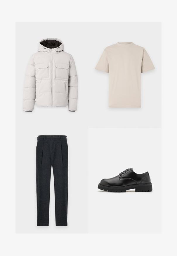 Lichtgrijze gewatteerde winterjas met rits aan de voorkant, twee borstzakken met klep, zijzakken en capuchon met zwarte voering.; Beige t-shirt met korte mouwen, ronde hals, gemaakt van een gladde katoenstof, met een relaxed fit en zonder zichtbare patronen of versieringen.; Grijze wolmix broek met twee voorplooien, riemlusjes, zijzakken en een knoopsluiting. Rechtdoorgaand ontwerp met een zachte textuur.; Zwarte leren schoenen met een ronde neus, vetersluiting en een dikke, gestructureerde rubberen zool. Kenmerken zijn stiksels langs de rand en een gladde afwerking.