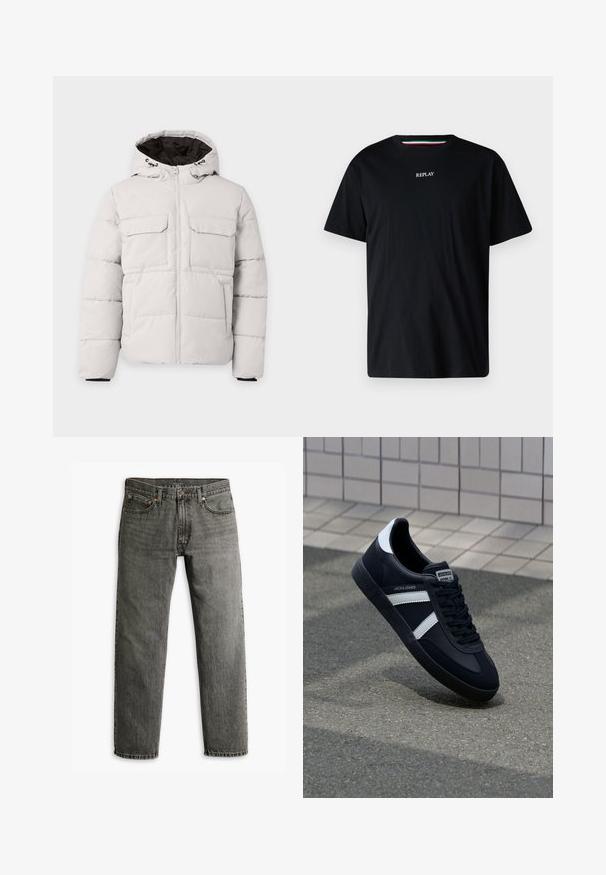 Lichtgrijze gewatteerde winterjas met rits aan de voorkant, twee borstzakken met klep, zijzakken en capuchon met zwarte voering.; Zwarte katoenen T-shirt met een ronde hals en korte mouwen. Het woord "REPLAY" is in het wit geborduurd over de borst.; Grijze denim jeans met een recht model, klassieke vijf-pocket styling en subtiele stiksels op de naden en zakken.; Zwarte leren sneaker met witte strepen, een gestructureerde rubberen zool en vetersluiting aan de voorkant. Voorzien van een merklabel op de tong.