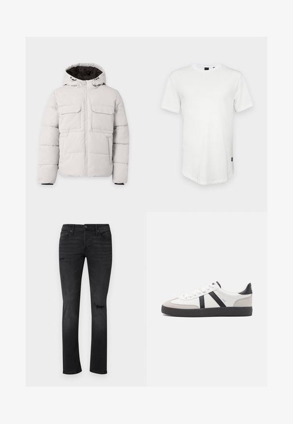 Hellgraue, gesteppte Winterjacke mit Frontreißverschluss, zwei Brustklappentaschen, Seitentaschen und Kapuze mit schwarzem Innenfutter.; Weißes T-Shirt mit kurzen Ärmeln aus Baumwolle, mit Rundhalsausschnitt und einem leicht verlängerten Rückenteil, sowie einem kleinen Logo-Akzent an der Seite.; Schwarze Jeans aus Denim mit Slim-Fit, die sichtbare, abgewetzte Stellen an den Knien aufweisen, fünf Taschen besitzen und einen normalen Knopf- und Reißverschluss haben.; Weiße Sneaker mit schwarz- und grau-aczenten, ausgestattet mit einer strukturierten grauen Zehenkappe, schwarzer Gummi-Sohle und flachen weißen Schnürsenkeln. Sauberes Design, minimalistische Stil.