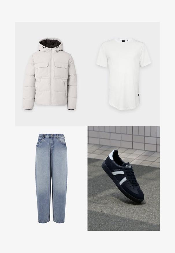 Chaqueta de invierno acolchada color gris claro con cremallera frontal, dos bolsillos con solapa en el pecho, bolsillos laterales y capucha con forro interior negro.; Camiseta blanca de manga corta hecha de algodón, con un escote redondo y una parte trasera ligeramente alargada, con un pequeño logotipo en el lateral.; Vaqueros azules de mezclilla de tiro alto y corte holgado, con bolsillos delanteros, trabillas para cinturón, cierre de botones y detalles desgastados a lo largo de las piernas.; Zapatilla de cuero negra con rayas blancas, suela de goma texturizada y parte frontal con cordones. Cuenta con una etiqueta de marca en la lengüeta.