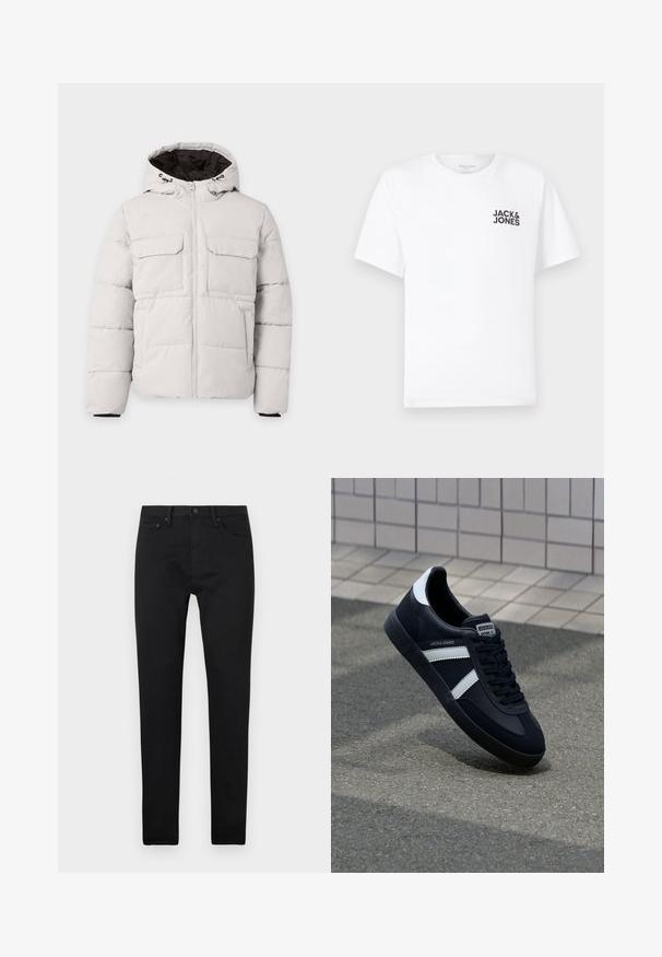 Lysegrå polstret vinterjakke med frontlynlås, to brystlommer med klap, sidelommer og hætte med sort inderfor.; Hvid bomulds t-shirt, korte ærmer, rund hals. Har et sort tekstlogo "JACK & JONES" på venstre brystområde. Enkelt, ensartet design.; Sorte slim-fit jeans med fem lommer, knaplukning og bæltestropper, præsenteret på en ensfarvet hvid baggrund.; Sort lædersneaker med hvide striber, tekstureret gummisål og snørrebånd foran. Har et brandet mærke på tungen.