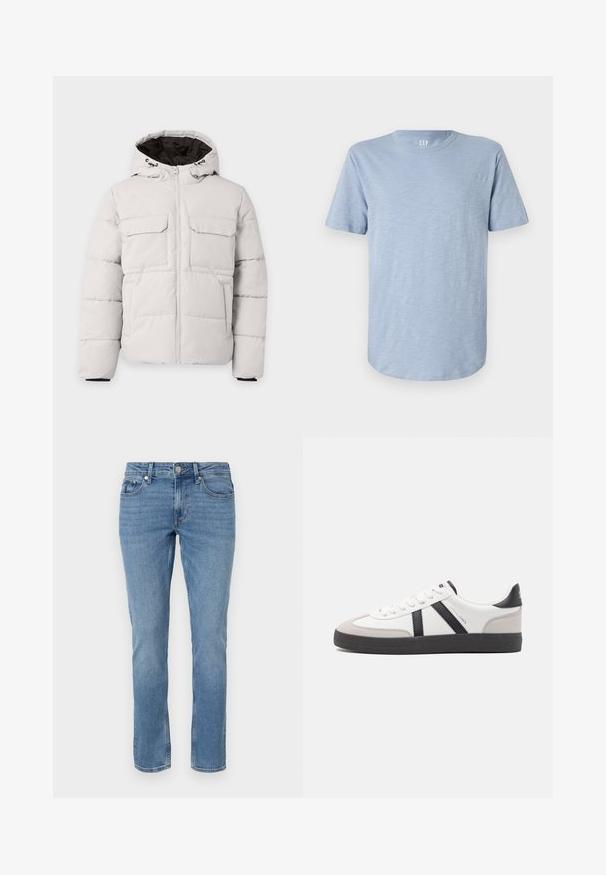 Lichtgrijze gewatteerde winterjas met rits aan de voorkant, twee borstzakken met klep, zijzakken en capuchon met zwarte voering.; Lichtblauwe T-shirt met korte mouwen, gemaakt van zachte stof, met een ronde halslijn en een rechte zoom met een subtiele textuur.; Blauwe rechte spijkerbroek met voorzakken, riemlussen en een knopen sluiting.; Witte sneaker met zwarte en grijze accenten, voorzien van een grijze neus met textuur, zwarte rubberen zool en platte witte veters. Schoon ontwerp, minimalistische stijl.