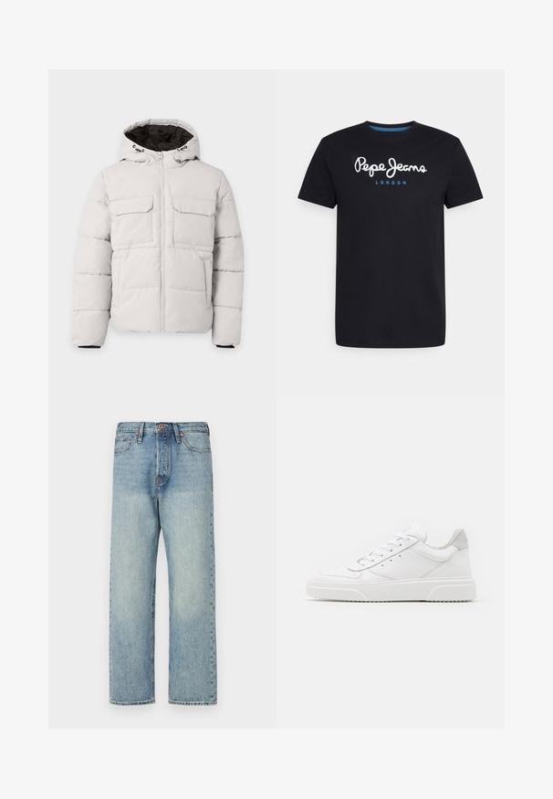 Chaqueta de invierno acolchada color gris claro con cremallera frontal, dos bolsillos con solapa en el pecho, bolsillos laterales y capucha con forro interior negro.; Camiseta negra de algodón con un logo de guion en blanco "Pepe Jeans" con un acento azul, cuello redondo y mangas cortas. Diseño simple y sólido.; Jeans de mezclilla azul claro con un diseño de pierna recta, cinco bolsillos y herrajes en bronce. Mínima decoloración con un acabado limpio.; Zapatillas de cuero blanca con un acabado suave, punta redondeada, cordones planos y una suela texturada. Acento de ante gris en el talón.